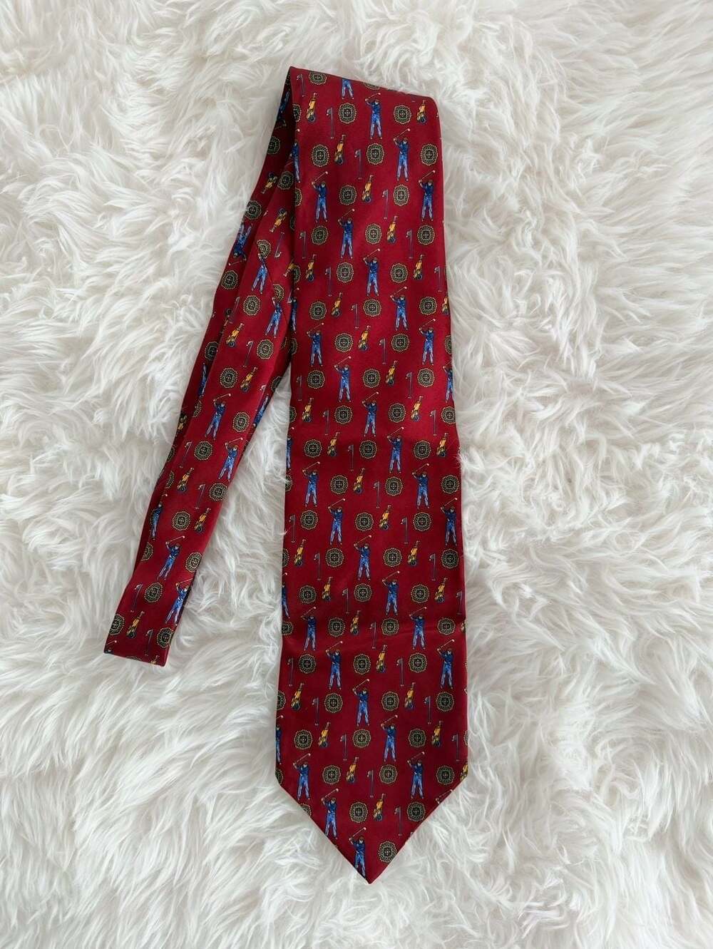 Vintage Pura Seta Red Silk Golf Tie with Golfer and Club Pattern, Made in Italy